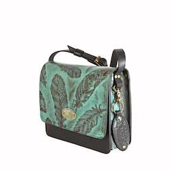 Frontpage: Basic Satchel. Teal Feather on Black Clean Face