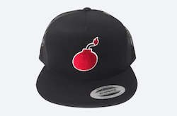 Flat Bill Black Snapback Trucker Hat With Bomb Logo
