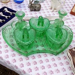 Vintage Green Glass Dressing Table Set