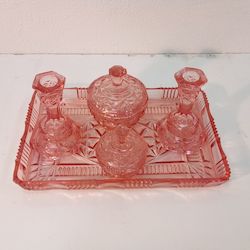 French Pink Glass Dressing Table Set.