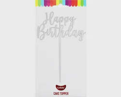 Cake Topper - Small Happy Birthday (Silver Acrylic)