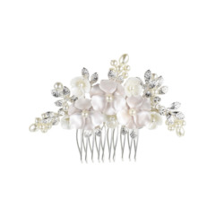 Raicho (petite) - Soft White Silver Three Flower & Pearl Crystal Spray
