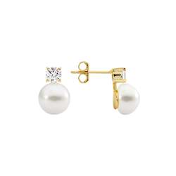 Jewellery: Ellani Gold CZ & White Pearl Hook Earrings