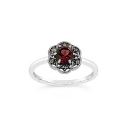 Jewellery: Esse Garnet and Marcasite Flower Cluster Ring