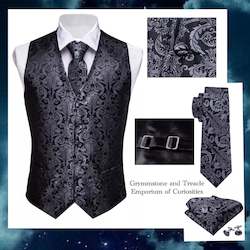 Scrollwork Waistcoat Set in Pewter - with Tie, Pocket Square and Cufflinks