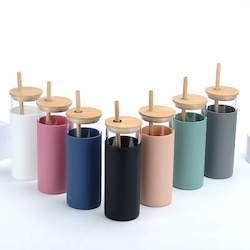 Frontpage: Glass and Bamboo Drinking Bottle with Silicone Sleeve -Bamboo or Silicone Straw