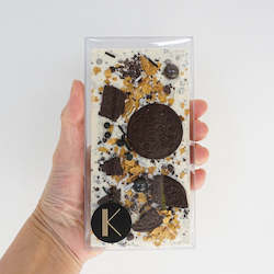 Cake: COOKIE AND CREAM WHITE CHOCOLATE BAR WITH GOLDEN WAFER