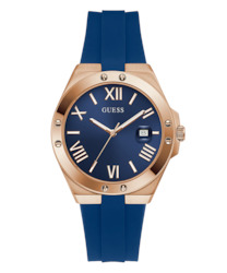 Jewellery: Rose Gold Tone Case Blue Silicone Watch GW0388G3