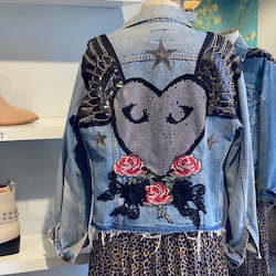 Clothing: Heartspeak Worldwide Upcycled Denim Jacket - Heart with Wings - SIZE M