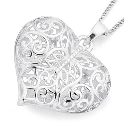 Sterling silver filigree puff heart pendant