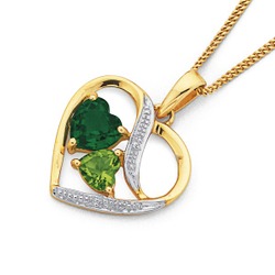 Jewellery: 9ct peridot, synthetic emerald and diamond heart pendant
