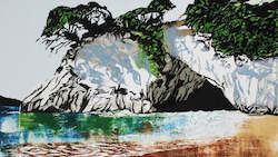 Nic Tucker: Cathedral Cove.  Woodblock Print by Nic Tucker