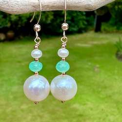 Jewellery: White freshwater pearl and chrysoprase earrings