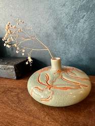Kitchenware wholesaling: Flat Green Celadon Vase - Hand-Drawn Flower Relief
