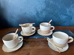 Set Cup With Saucer and Spoon, White, Speckled, Rough, Handmade