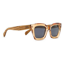 Wholesale Adult Sunglasses: **NEW** ZAHRA CHAMPAGNE l Smokey Lens l Walnut Arms ( no GST) RRP $94.99