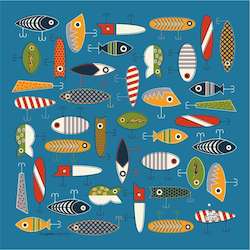 Household textile: HANK - 7. VINTAGE LURES by Kate Rhees | Organic Cotton Handkerchief