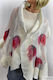 Red tulip on white silk, unique shawl 4620
