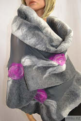 Shawls: Gray magenta silk shawl with merino wool 4619