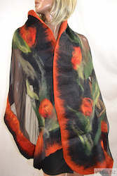 Shawls: Felted shawl red flowers on black silk, merino wool 4615