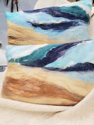 Home Decor: Ocean Shore, Pillow handmade, few layers of silk & merino wool, beach lifestyle house coast decor, marine blue, beige, felt cushion, 3D wave