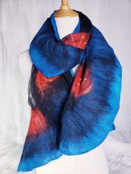 Frontpage: Scarf Ocean blue & red pohutukawa, Silk shawl goes with jacket, dress, handmade gift for woman, New Zealand nunofelted, light soft merino