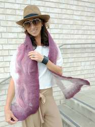 Frontpage: Color of plum, dusty pink scarf. Wet merino and silk felted amazing piece in wardrobe. Suits with beige, black, marine blue t-shirt, jacket.