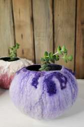 Home Decor: Cute, cosy vase in purple, lavender color. One of a kind made of Merino wool. Fluffy succulent planter or jewelry box.