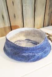 Home Decor: Felted vase in coastal style, high quality hand made basket for accessories. Ocean blue natural wool and raw silk decor.