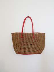 Hand Knits: Hand made shopping basket-olive+red