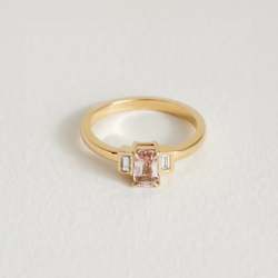 Gold smithing: Peach Emerald Cut Sapphire with Diamonds in 18ct Yellow Gold