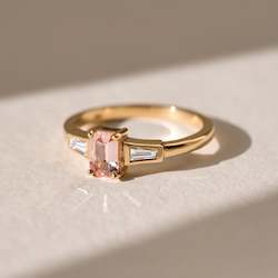 Gold smithing: Octagon Cut Pink Sapphire with Tapered Baguette Diamonds in 18ct Yellow Gold