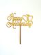 Gold Acrylic Happy Anniversary with Two Hearts Cake Topper