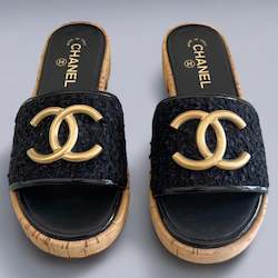 Internet only: Chanel Tweed Cork CC Mule Sandal