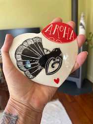 Aroha Piwakawaka Ceramic Heart
