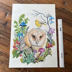 Originals For Sale: Owls Portrait ORIGINAL Gouache and Colour Pencil Painting - SALE