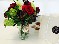 Florist: Red posy , Mason jar & chocolates