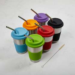 Stainless steel cups 500ml 6 set with Silicone sleeve, lid and stainless Straws
