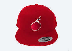 Flat Bill Red Snapback Trucker Hat With Bomb Logo