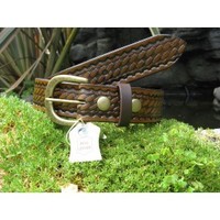 Basketweave Antique Brown Western Leather Belt and Buckle