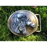 Three Stallions Antique Bronze And Silver Western Oval Buckle