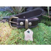 BROWN LEATHER BELT STITCHED, ANTIQUE BRASS BUCKLE & KEEPER