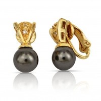 Clip-on earrings, black pearl, 08mm, crown -(B099a)