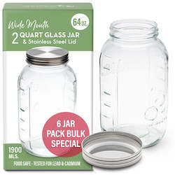 6 Pack - Large Glass Jar with Lid for Food Storage - 1900ML
