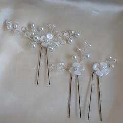 Pearlescent white and glass bead pearl centered flowers set of three hair pins