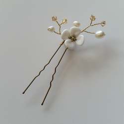 Jewellery manufacturing: Cherry - white flower, freshwater pearls and crystal beads hair pin wedding