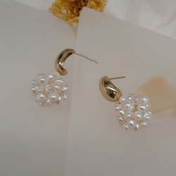 Allegra - freshwater pearl cluster ball drop and gold tone curve teardrop earstud