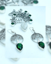 Internet only: Tree of life Chrome Diopside earrings and Moonstone pendant