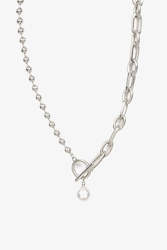 Cable and Ball Fob Chain Necklace with Pearl - Silver