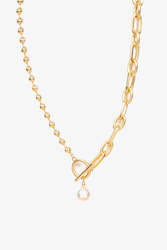 Cable and Ball Fob Chain Necklace with Pearl - Gold